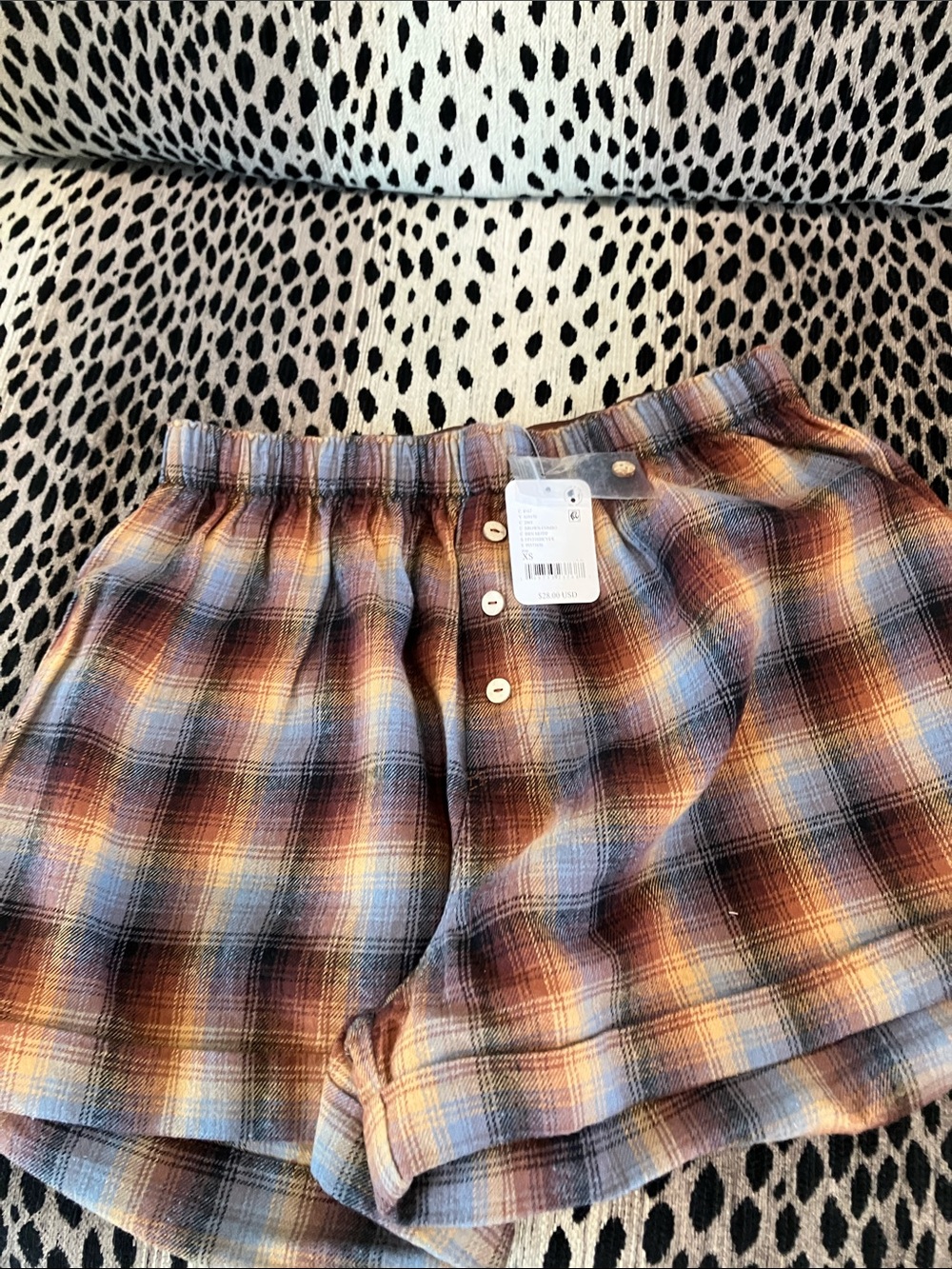 Free People Plaid Flannel Pajama Shorts in Blue, Brown, Yellow